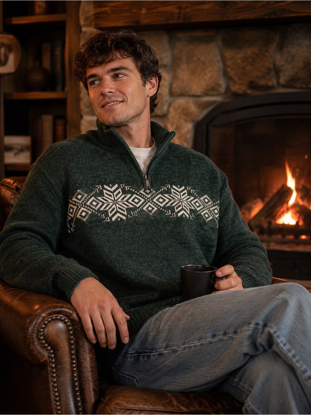 IZOD Men’s XL Quarter-Zip Sweater Green Nordic Snowflake Pattern